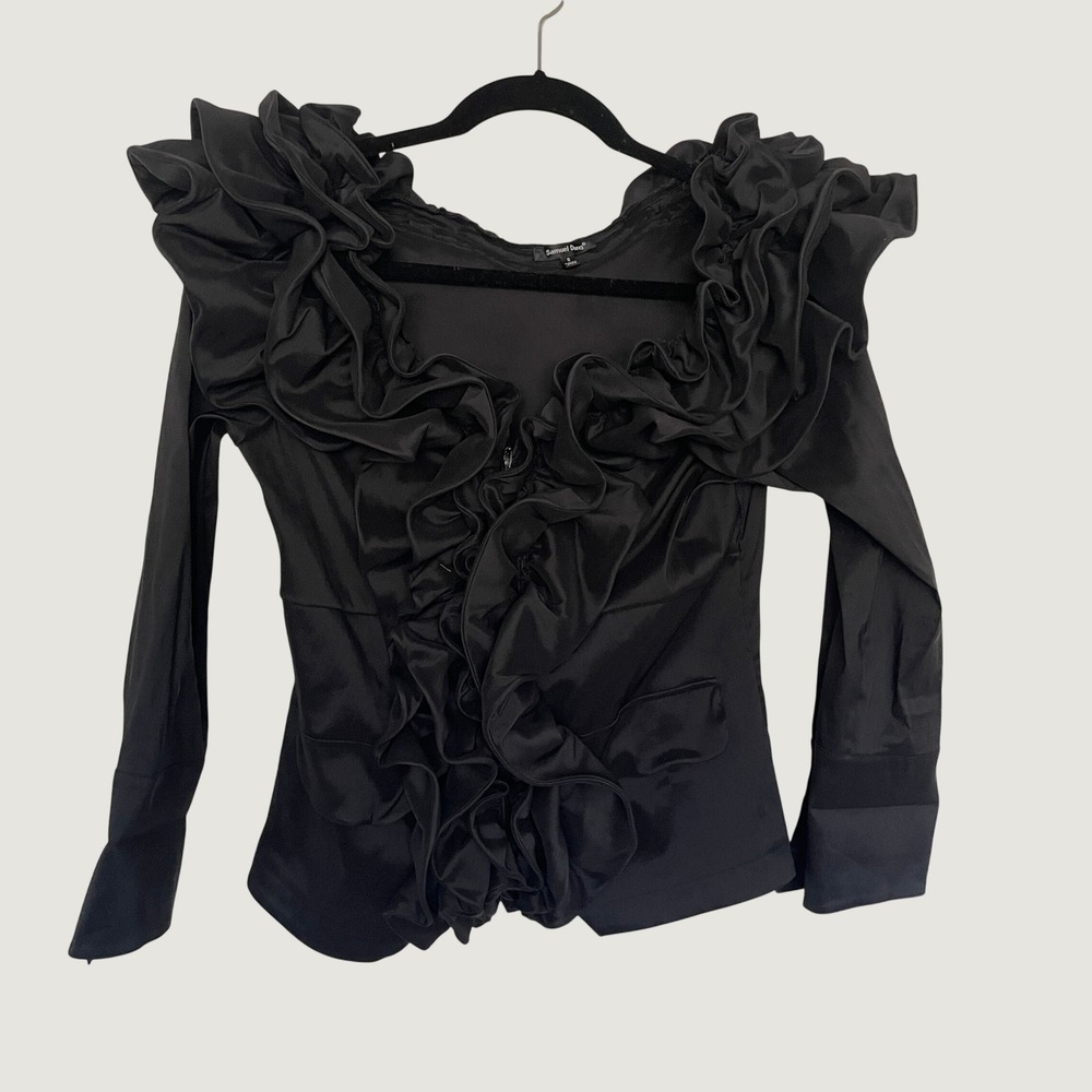 Samuel Dong Ruffle Zip Up Top Black Sculptural Avant Garde Statement Blouse Sz S
